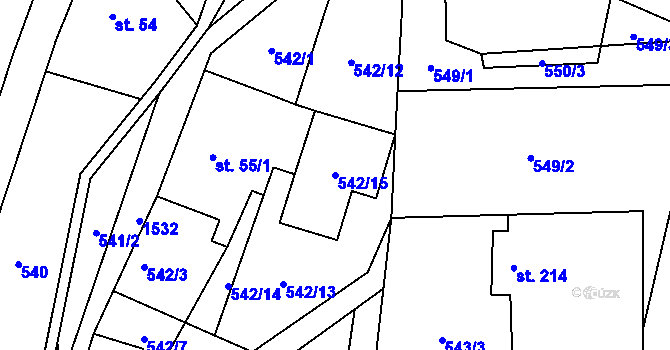 Parcela st. 542/15 v KÚ Hanušovice, Katastrální mapa