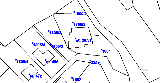Parcela st. 287/1 v KÚ Hanušovice, Katastrální mapa