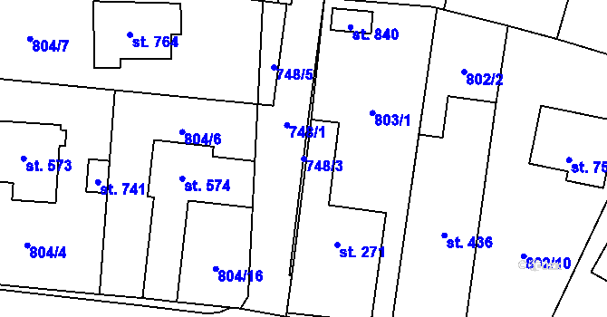 Parcela st. 748/3 v KÚ Hanušovice, Katastrální mapa