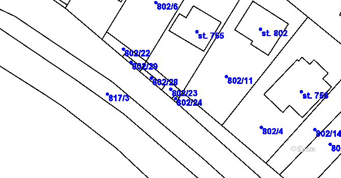 Parcela st. 802/23 v KÚ Hanušovice, Katastrální mapa