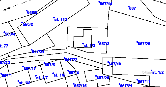Parcela st. 1/3 v KÚ Hynčice nad Moravou, Katastrální mapa