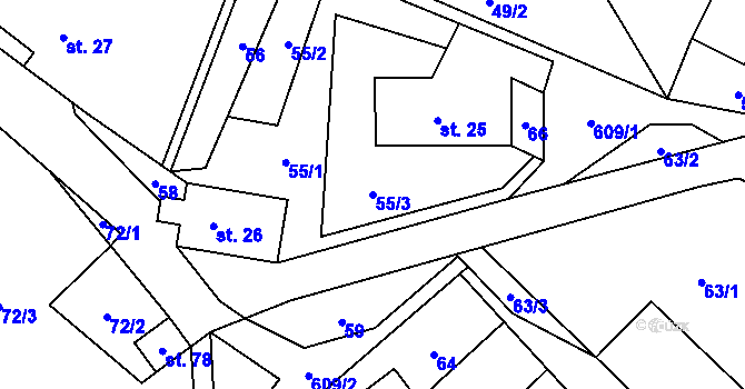 Parcela st. 55/3 v KÚ Hynčice nad Moravou, Katastrální mapa