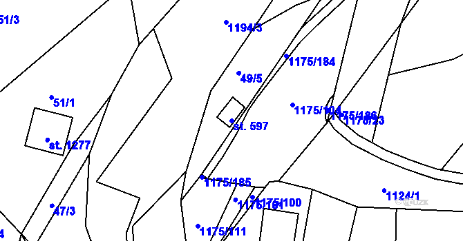 Parcela st. 597 v KÚ Harrachov, Katastrální mapa
