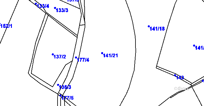 Parcela st. 141/21 v KÚ Dolejší Těšov, Katastrální mapa