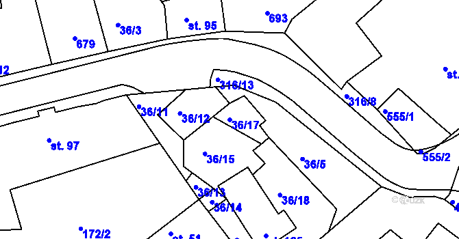 Parcela st. 36/17 v KÚ Hartmanice I, Katastrální mapa