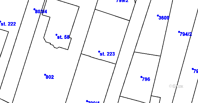 Parcela st. 223 v KÚ Hartvíkovice, Katastrální mapa