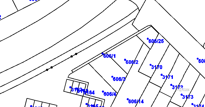 Parcela st. 606/1 v KÚ Bludovice, Katastrální mapa