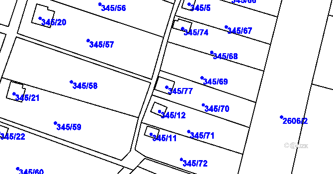 Parcela st. 345/77 v KÚ Prostřední Suchá, Katastrální mapa