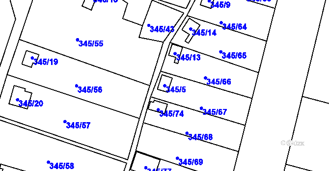 Parcela st. 345/5 v KÚ Prostřední Suchá, Katastrální mapa