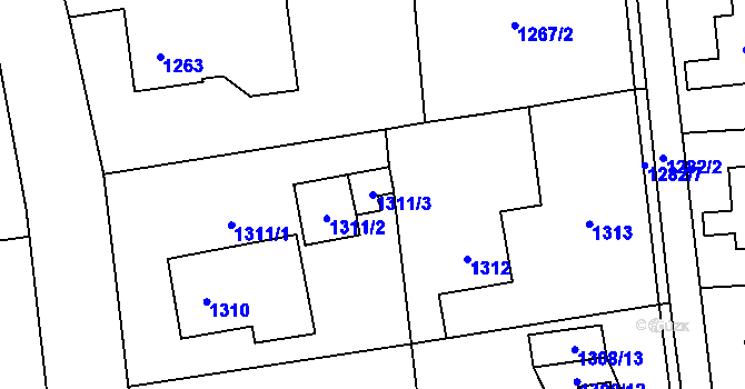 Parcela st. 1311/3 v KÚ Prostřední Suchá, Katastrální mapa