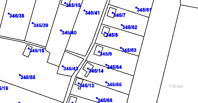 Parcela st. 345/9 v KÚ Prostřední Suchá, Katastrální mapa