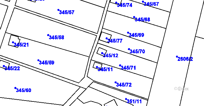 Parcela st. 345/12 v KÚ Prostřední Suchá, Katastrální mapa