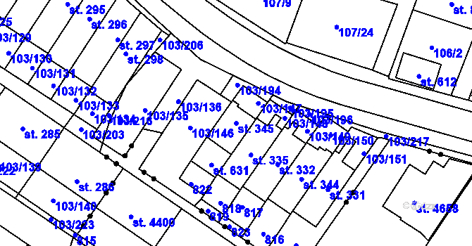 Parcela st. 345 v KÚ Perknov, Katastrální mapa