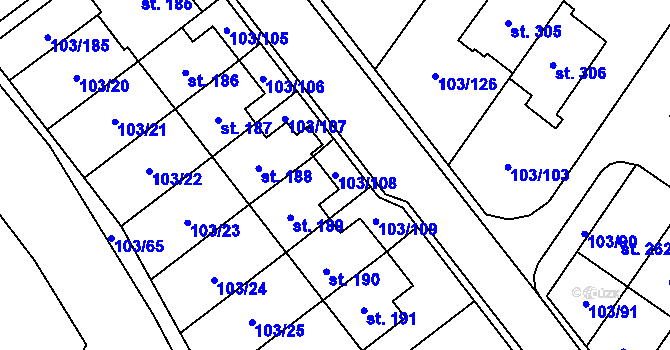 Parcela st. 103/108 v KÚ Perknov, Katastrální mapa