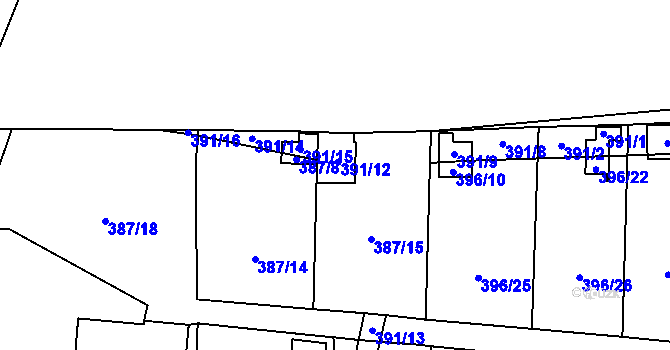 Parcela st. 387/10 v KÚ Havraň, Katastrální mapa