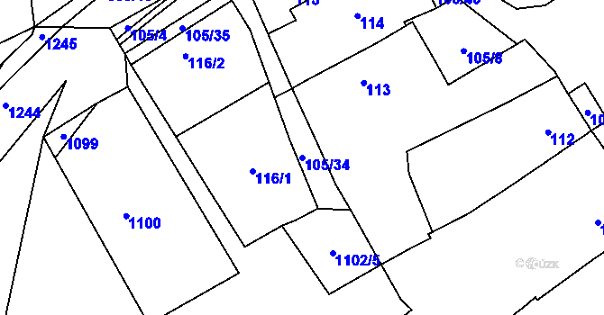 Parcela st. 105/34 v KÚ Havraníky, Katastrální mapa