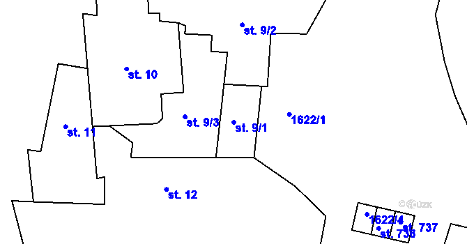 Parcela st. 9/1 v KÚ Hazlov, Katastrální mapa