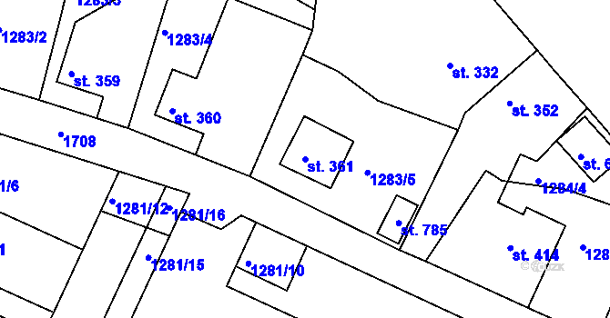Parcela st. 361 v KÚ Hazlov, Katastrální mapa