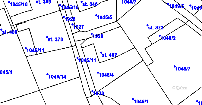Parcela st. 407 v KÚ Hazlov, Katastrální mapa
