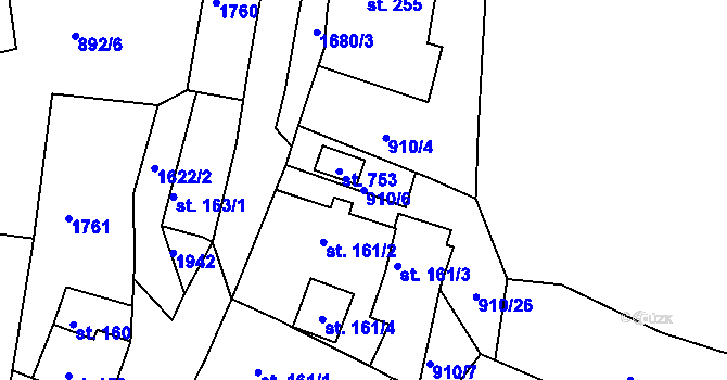Parcela st. 910/6 v KÚ Hazlov, Katastrální mapa