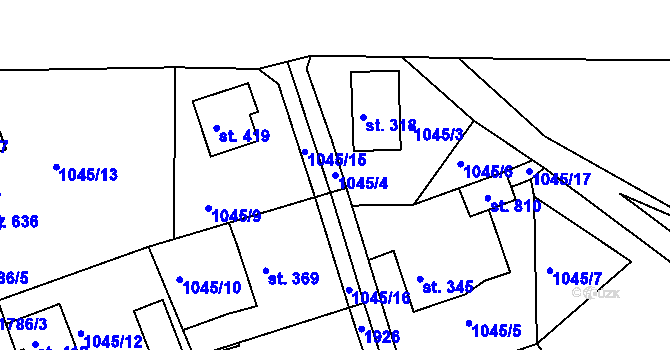 Parcela st. 1045/4 v KÚ Hazlov, Katastrální mapa