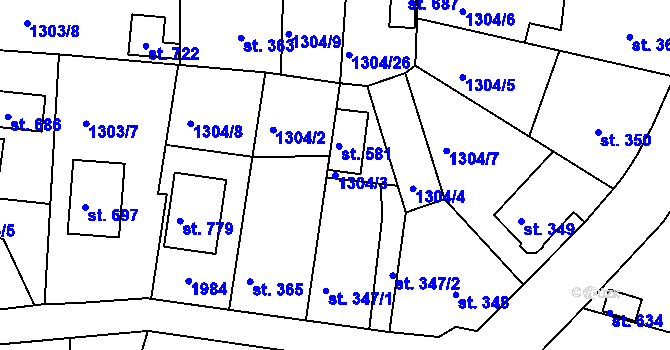 Parcela st. 1304/3 v KÚ Hazlov, Katastrální mapa