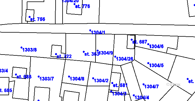 Parcela st. 1304/9 v KÚ Hazlov, Katastrální mapa
