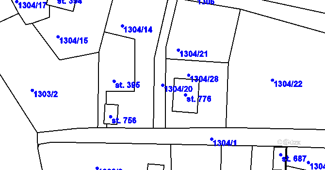 Parcela st. 1304/20 v KÚ Hazlov, Katastrální mapa