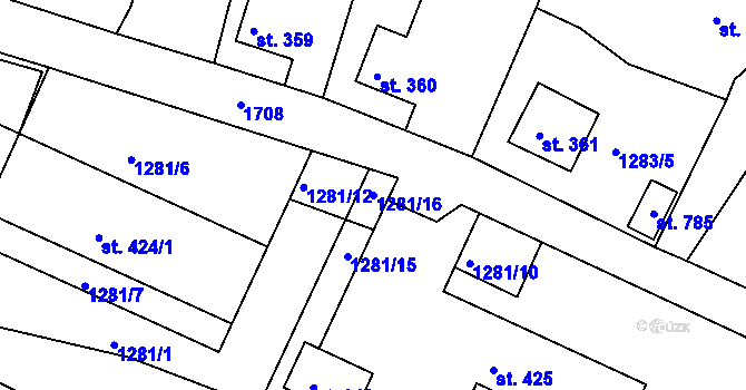 Parcela st. 1281/16 v KÚ Hazlov, Katastrální mapa