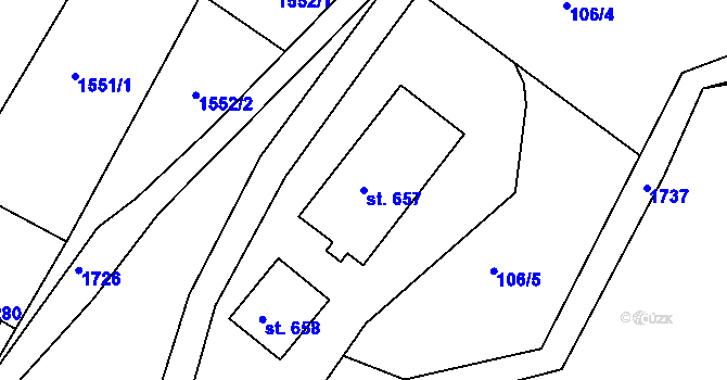 Parcela st. 657 v KÚ Hazlov, Katastrální mapa