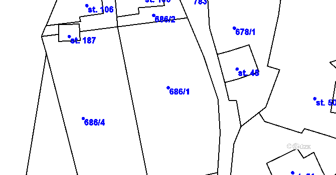 Parcela st. 686/1 v KÚ Polná u Hazlova, Katastrální mapa