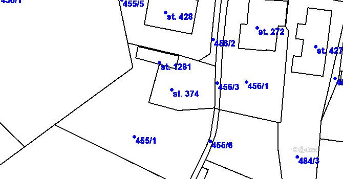 Parcela st. 374 v KÚ Hejnice, Katastrální mapa