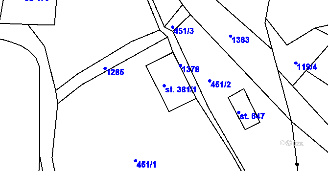 Parcela st. 381/1 v KÚ Hejnice, Katastrální mapa