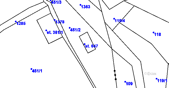 Parcela st. 647 v KÚ Hejnice, Katastrální mapa