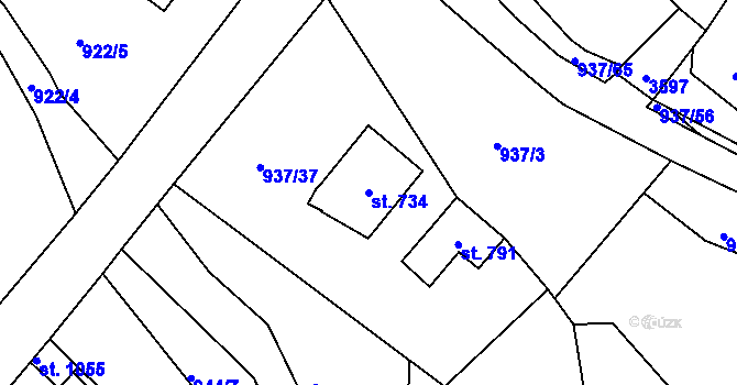 Parcela st. 734 v KÚ Hejnice, Katastrální mapa