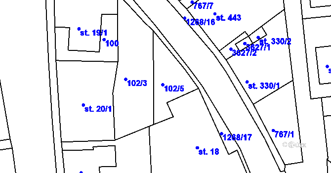 Parcela st. 102/5 v KÚ Hejnice, Katastrální mapa