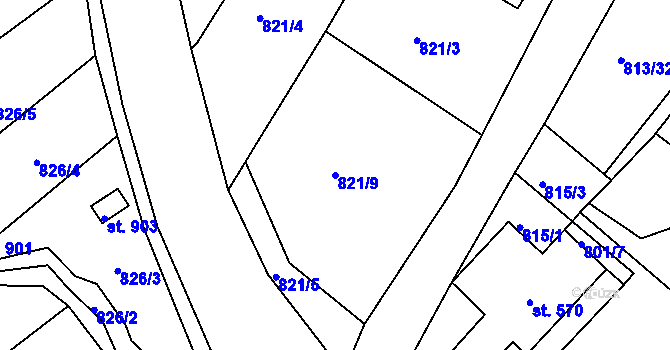 Parcela st. 821/9 v KÚ Hejnice, Katastrální mapa