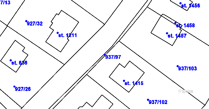Parcela st. 937/97 v KÚ Hejnice, Katastrální mapa