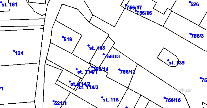 Parcela st. 756/13 v KÚ Mezilesí u Lanškrouna, Katastrální mapa