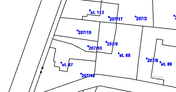 Parcela st. 207/10 v KÚ Chotěnice, Katastrální mapa