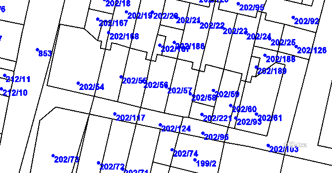Parcela st. 202/57 v KÚ Hevlín, Katastrální mapa