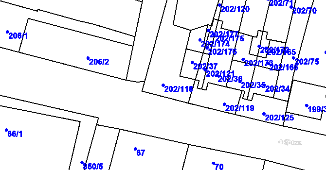 Parcela st. 202/118 v KÚ Hevlín, Katastrální mapa