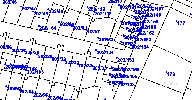 Parcela st. 202/134 v KÚ Hevlín, Katastrální mapa