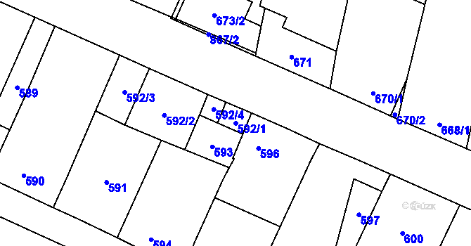 Parcela st. 592/1 v KÚ Hevlín, Katastrální mapa