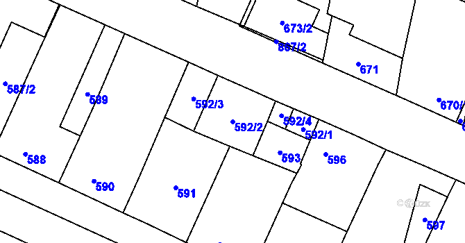 Parcela st. 592/2 v KÚ Hevlín, Katastrální mapa