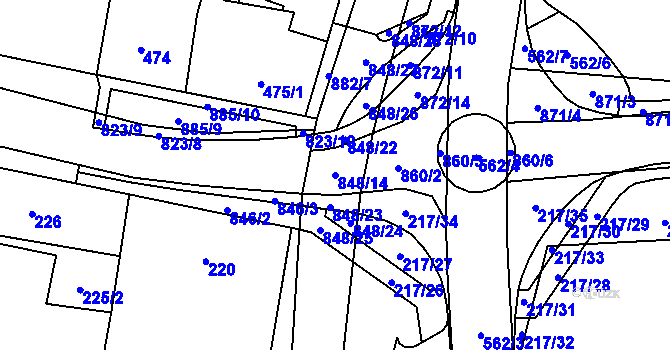 Parcela st. 848/14 v KÚ Hevlín, Katastrální mapa