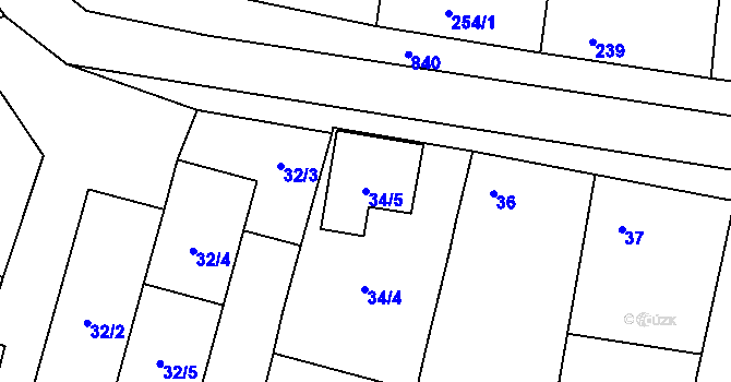 Parcela st. 34/5 v KÚ Hevlín, Katastrální mapa