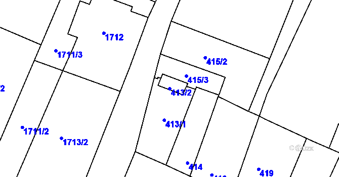 Parcela st. 413/2 v KÚ Hevlín, Katastrální mapa