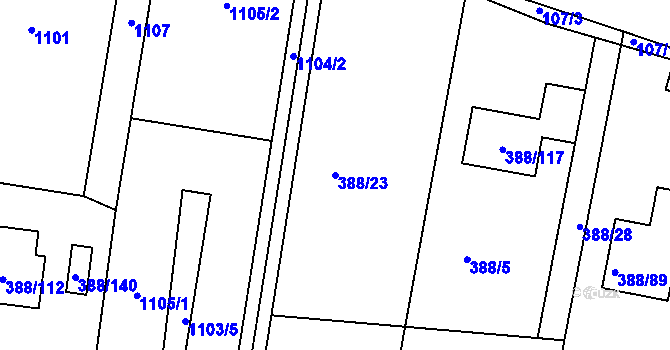 Parcela st. 388/23 v KÚ Hlásná Třebaň, Katastrální mapa
