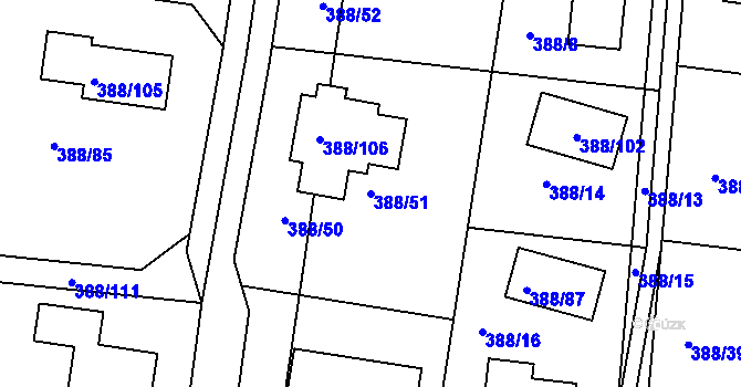 Parcela st. 388/51 v KÚ Hlásná Třebaň, Katastrální mapa